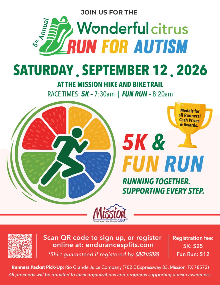Flyer for the 5th Annual Wonderful Citrus Run for Autism. Features a stylized running figure inside a colorful citrus wheel graphic alongside details for the September 12, 2026 race.